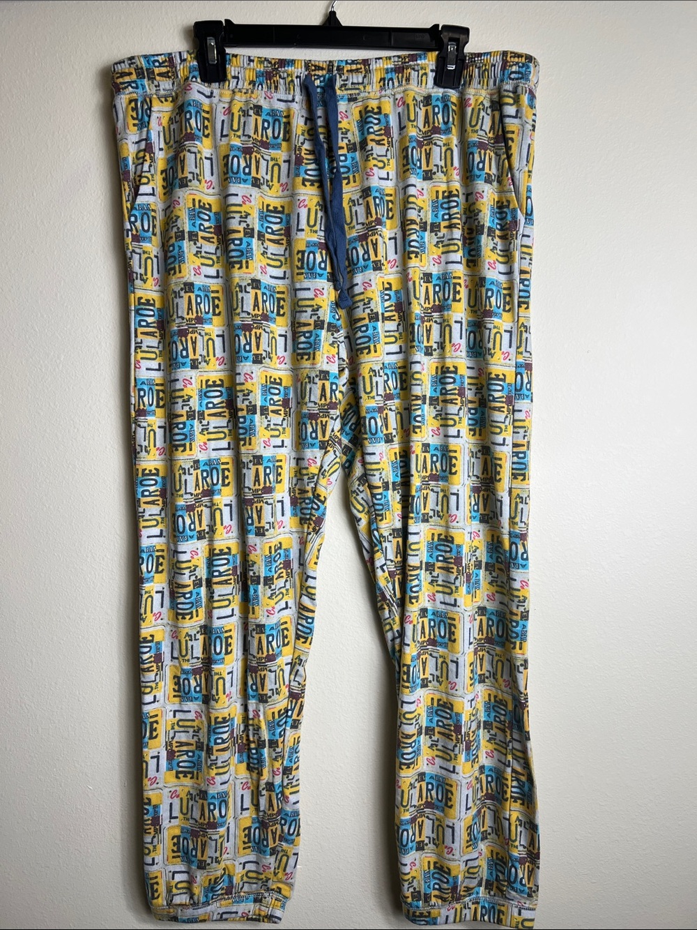 LuLaRoe Yellow, Blue & White Logo Print Pajama Pants